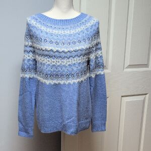 Talbots Light Blue/White Patterned Rhinestone Wool Blend Sweater Size M Petite